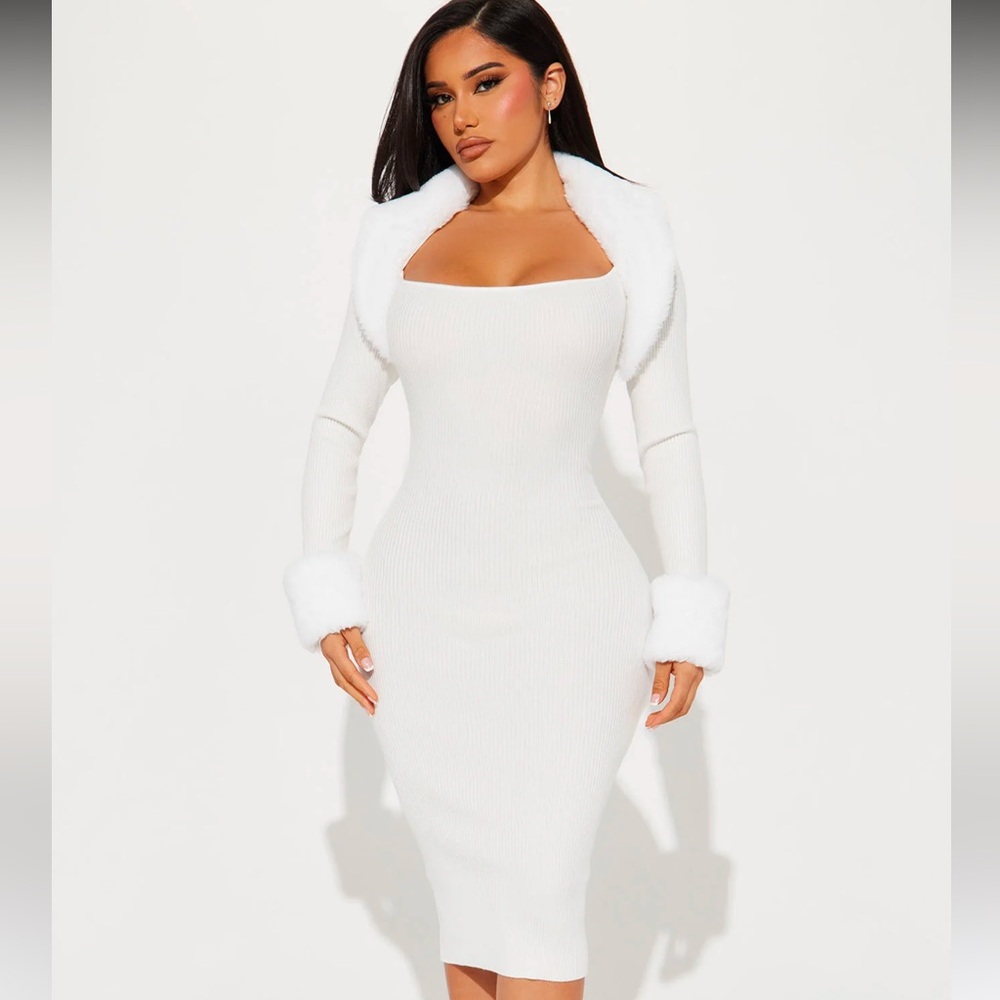 Fashion Nova Shilah Faux Fur Sweater Midi Dress Ivory